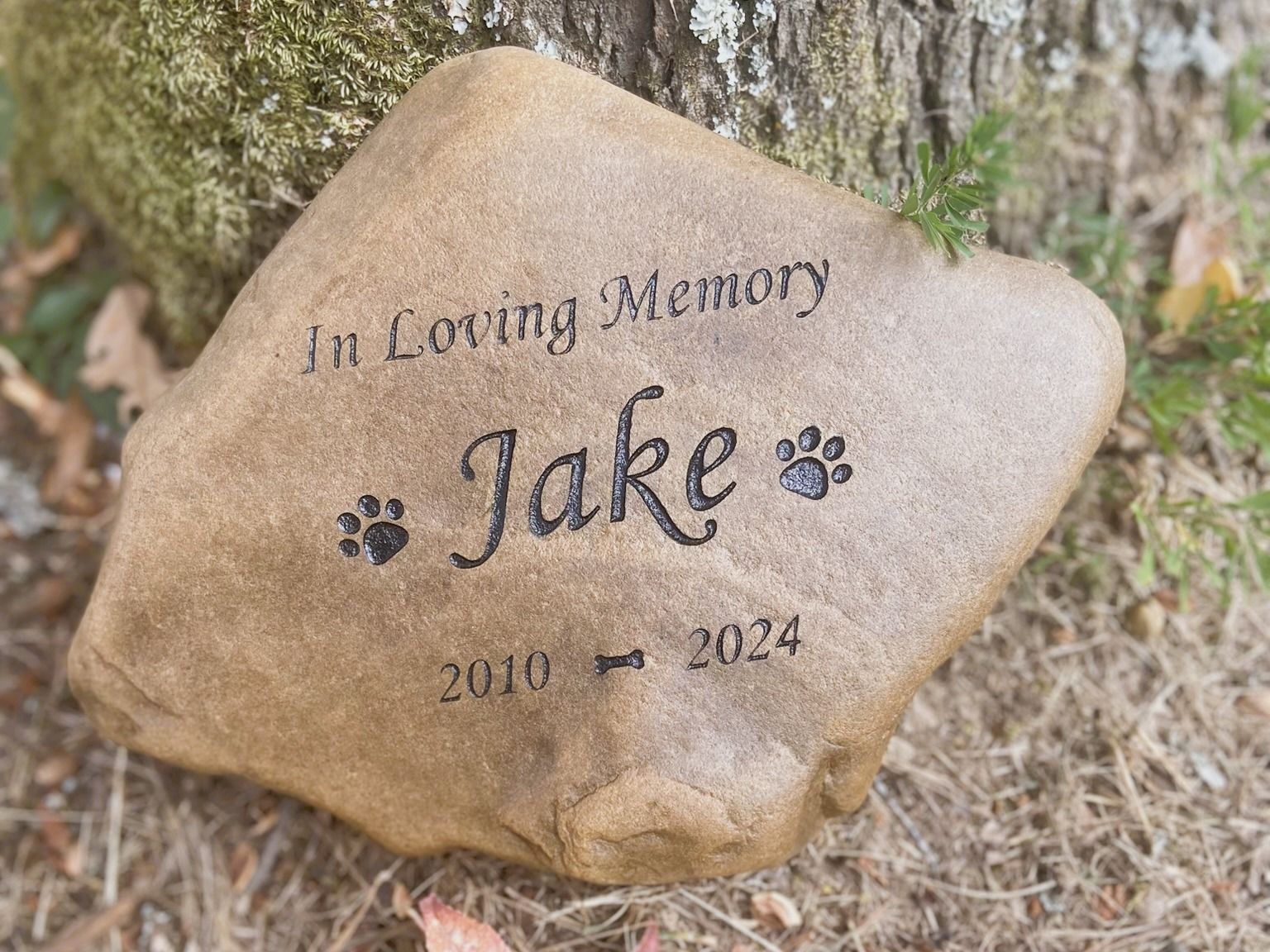 Memorial rock for a dog named Jake, engraved with 