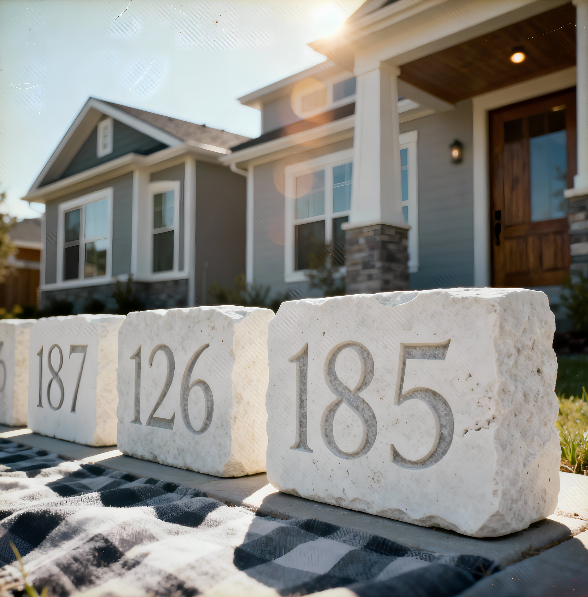Stone blocks with house numbers on a walkway in front of two houses.
