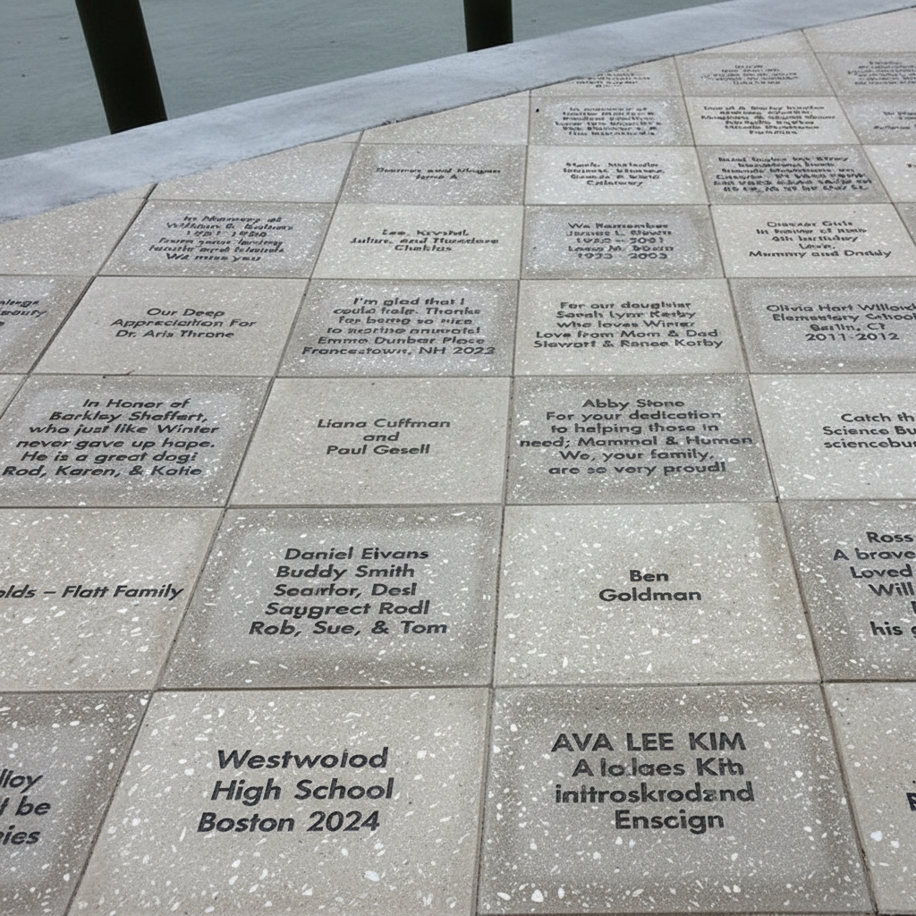 Close-up of engraved paving stones with names and inscriptions at the Westwolod High School, Boston 2024.