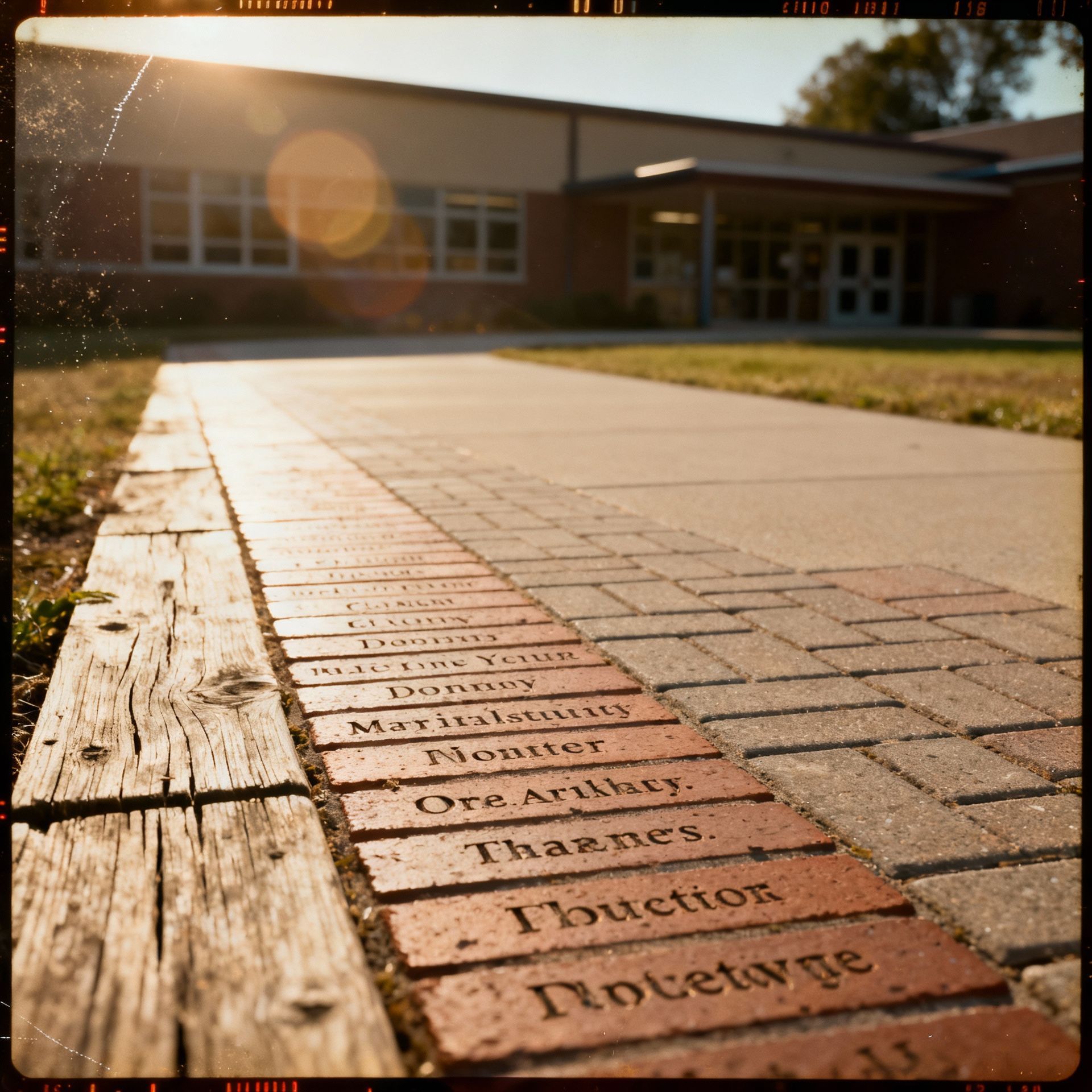 Bricks with engraved names lead toward a school building; sunlight shines on the pathway.