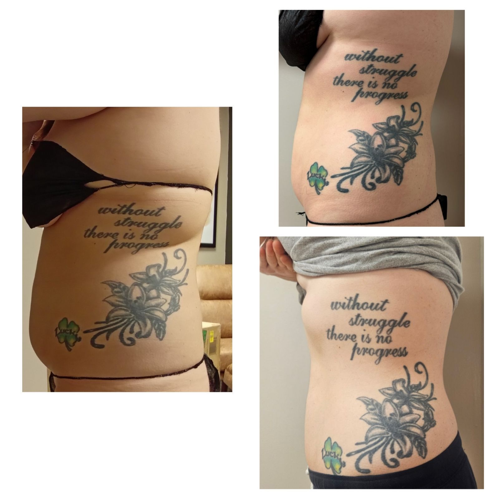 A woman has a tattoo on her side that says without struggle there is no progress