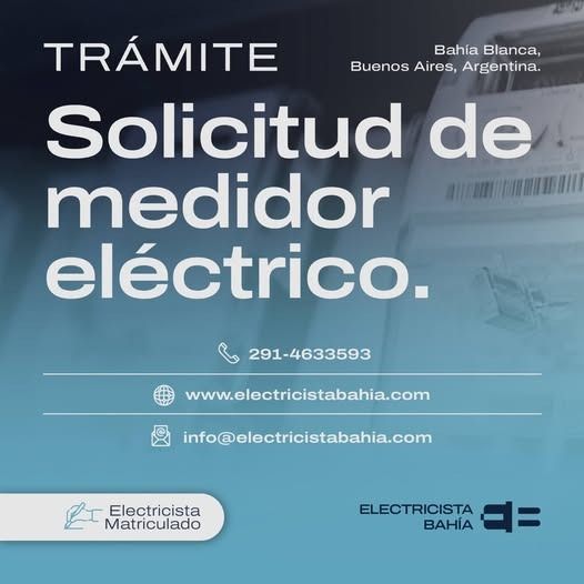 Anuncio de servicio de medidores eléctricos en Bahía Blanca, Argentina. Incluye información de contacto y sitio web.