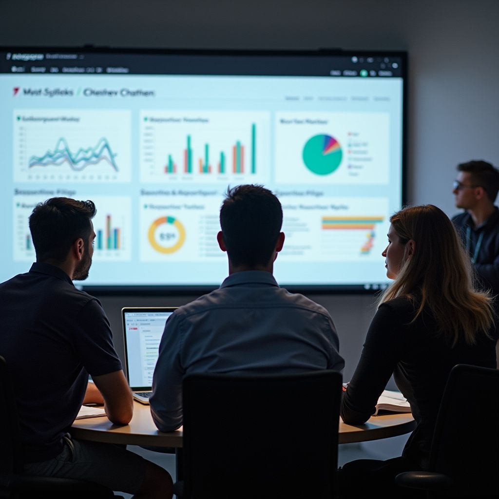 People in a meeting room looking at charts and graphs on a large screen.