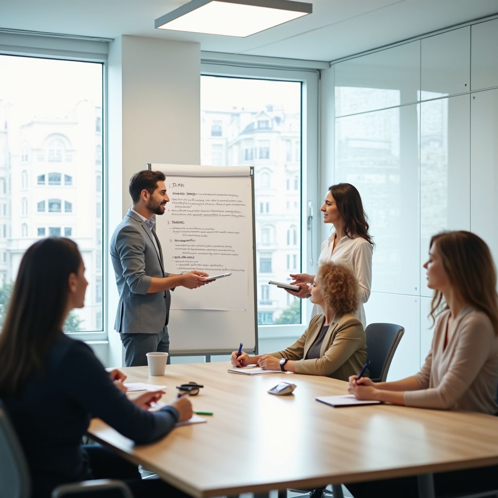People in business attire at a meeting, man presenting by a whiteboard, others taking notes, modern office.