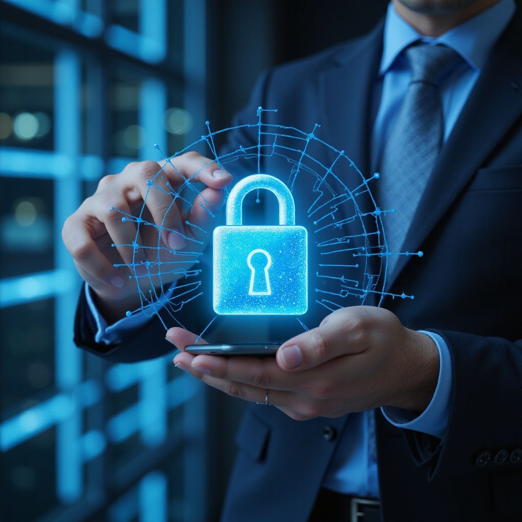 Man in suit holding phone with glowing padlock graphic representing cybersecurity.