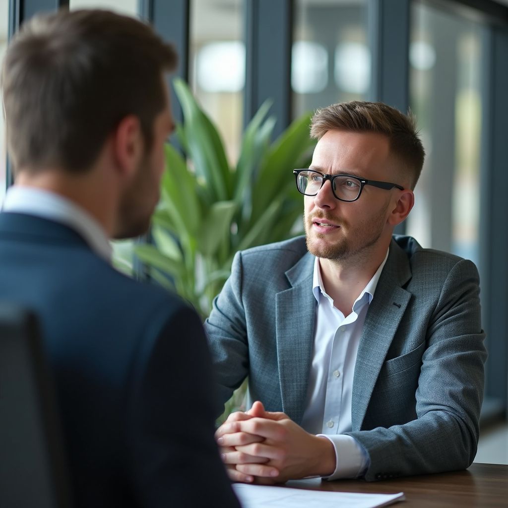 Two men in suits at a table. One speaks, wearing glasses, in an office with a plant.