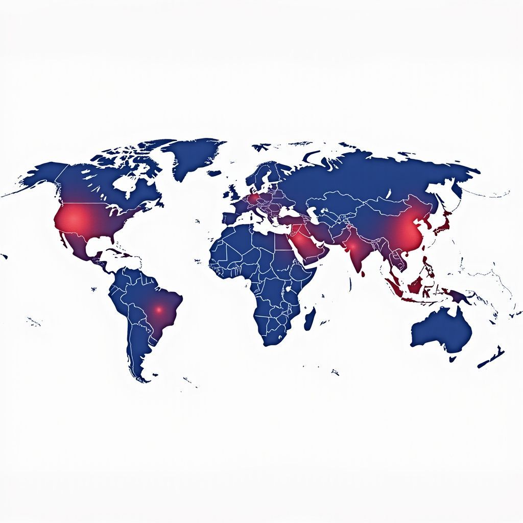 World map in shades of blue with red highlights indicating areas of high concentration.