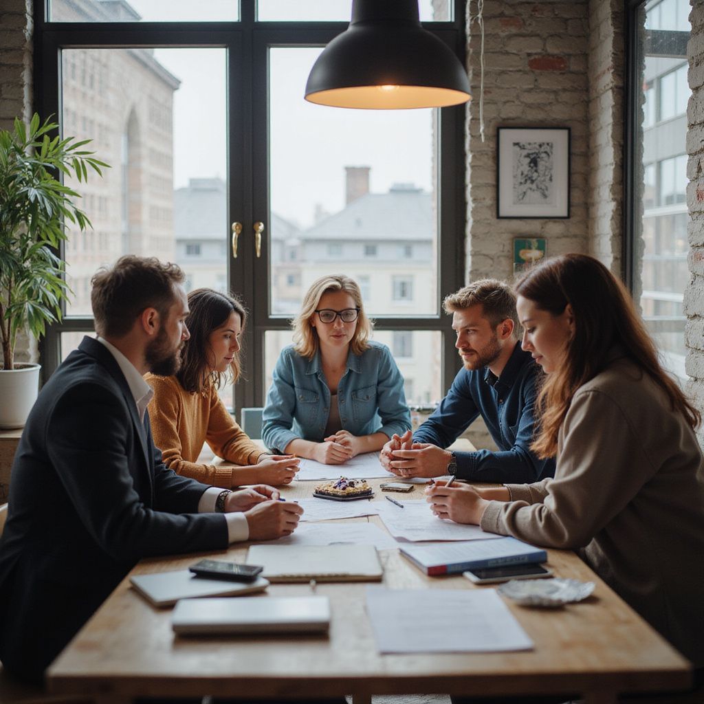 People in business attire at a table in a bright room, looking at documents.