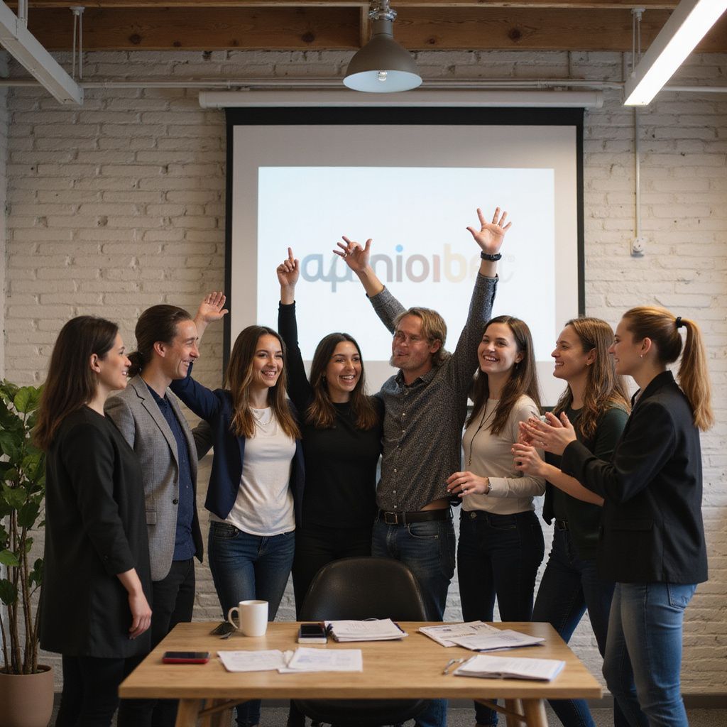 Group celebrating in an office with arms raised, logo on a screen, and a table with papers.