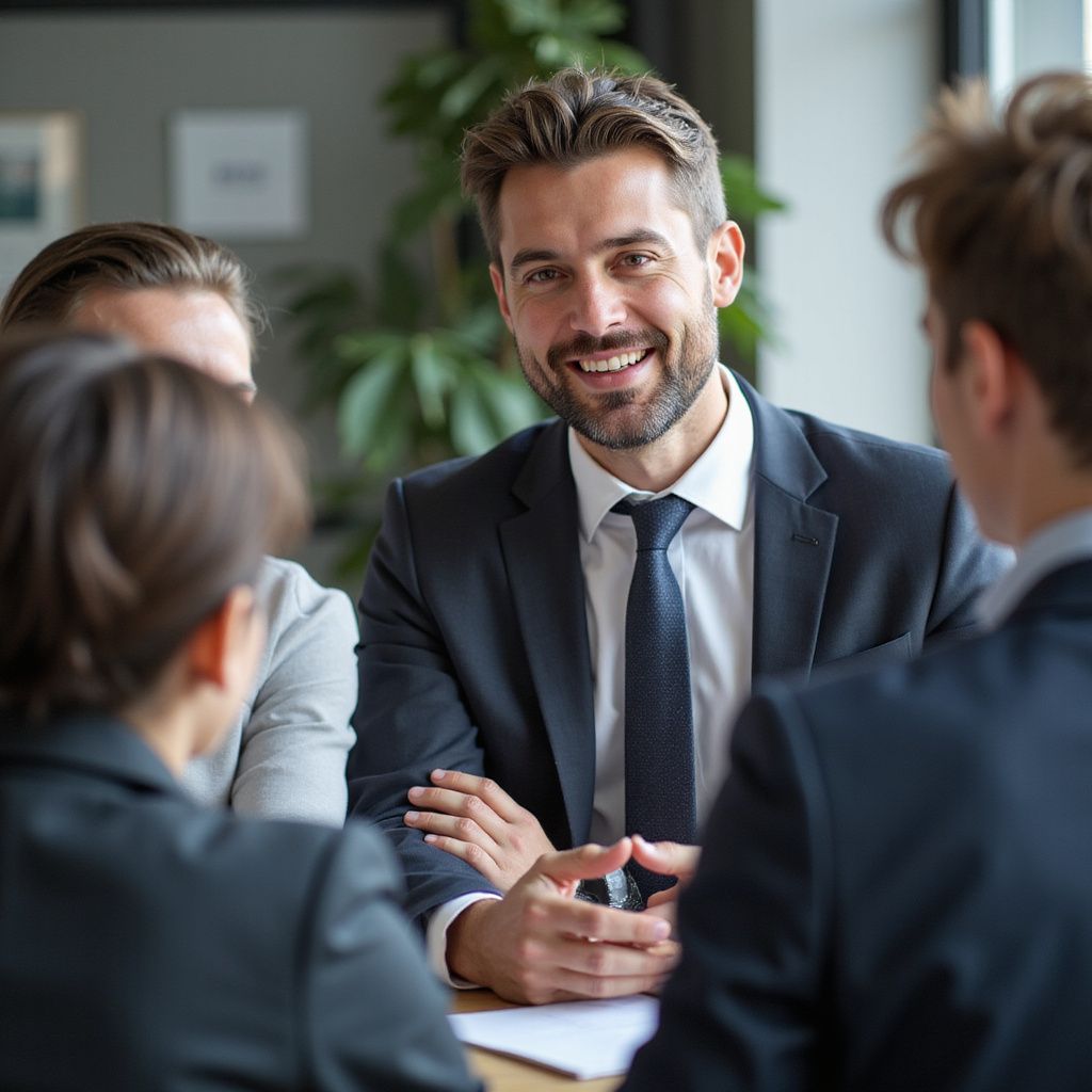Man in suit smiles during meeting with colleagues.