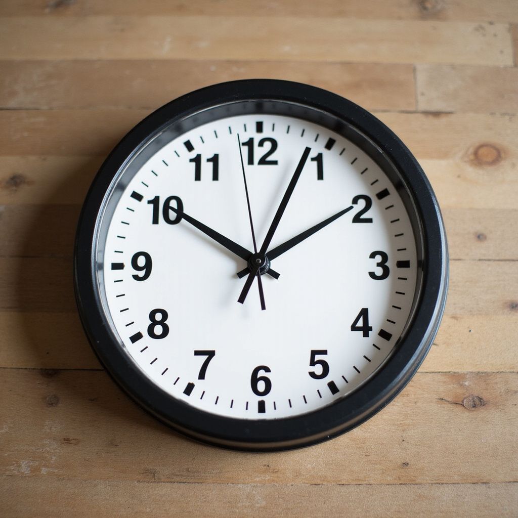 Clock with black frame on a wooden surface, showing the time is 1:09.