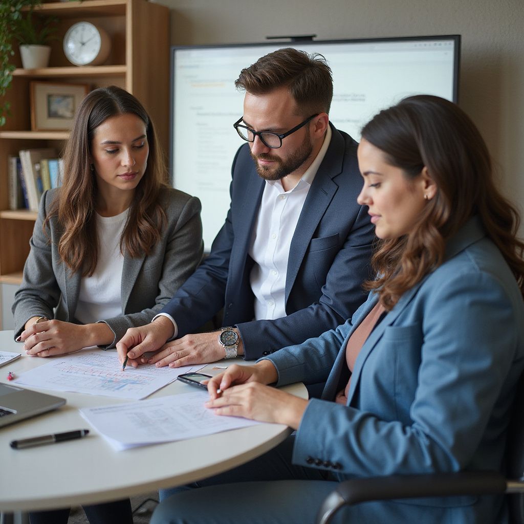 Three people in business attire reviewing documents around a table in an office setting.