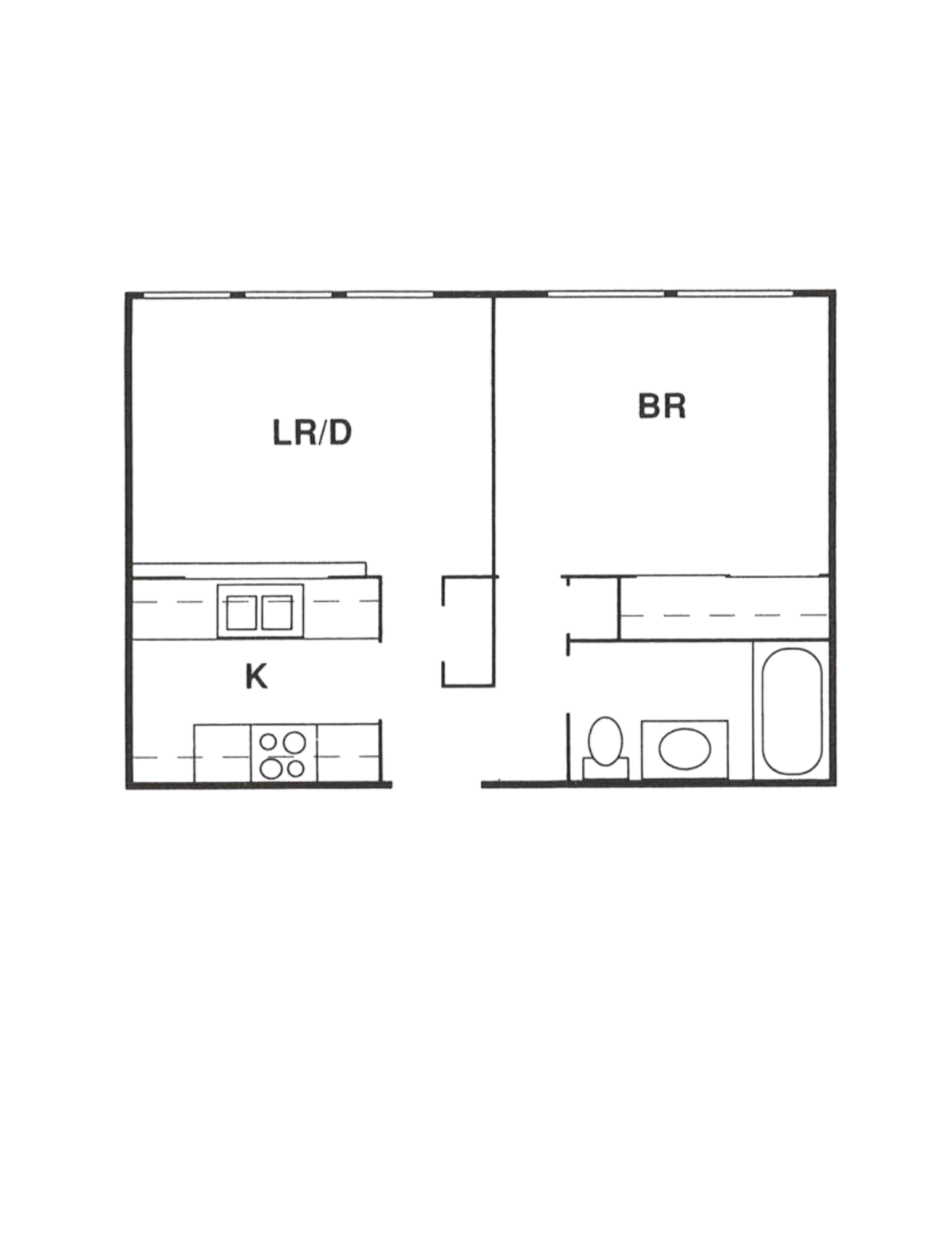 Floor plan of a one-bedroom apartment. Features include a kitchen, living/dining room, bedroom, and bathroom.