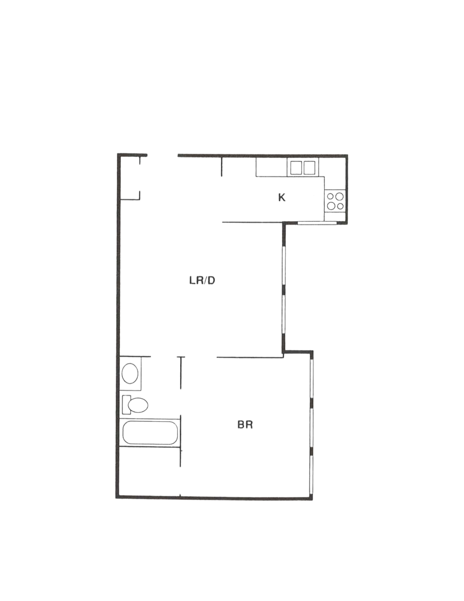 Floor plan of a small apartment. Includes living area, kitchen, bathroom, and bedroom.