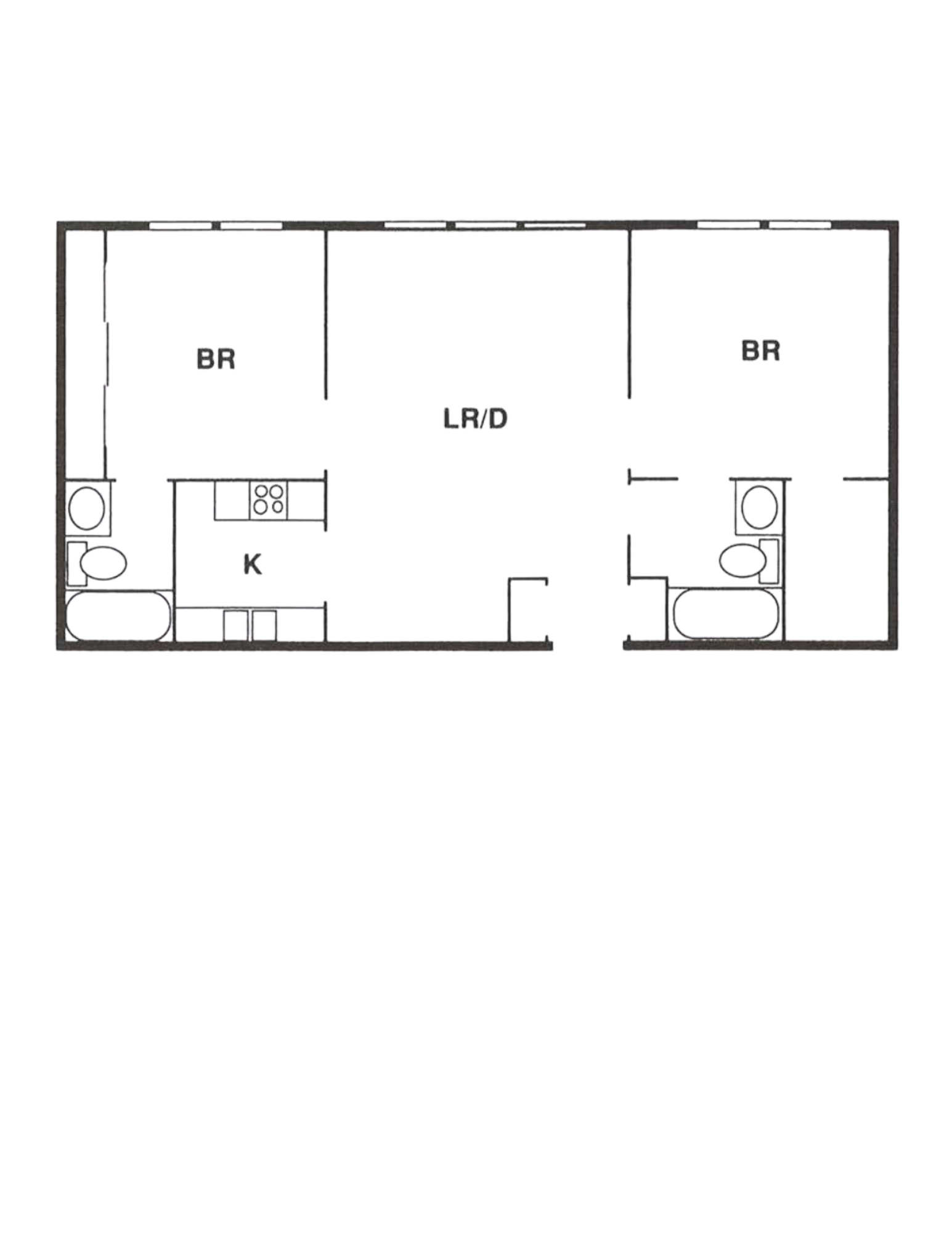Floor plan with two bedrooms, kitchen, living room and two bathrooms.