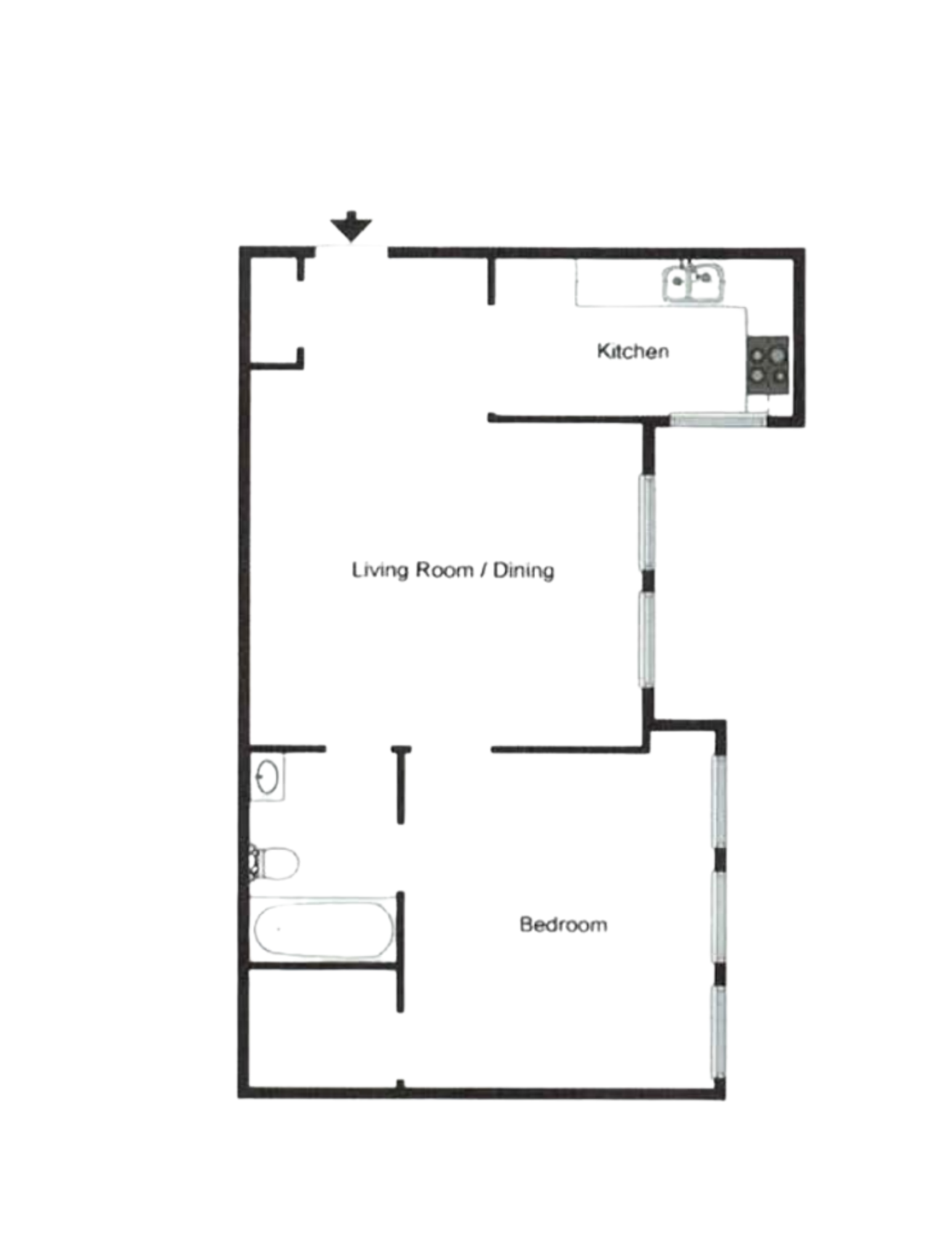 Floor plan of an apartment with kitchen, living/dining, bedroom, and bathroom.