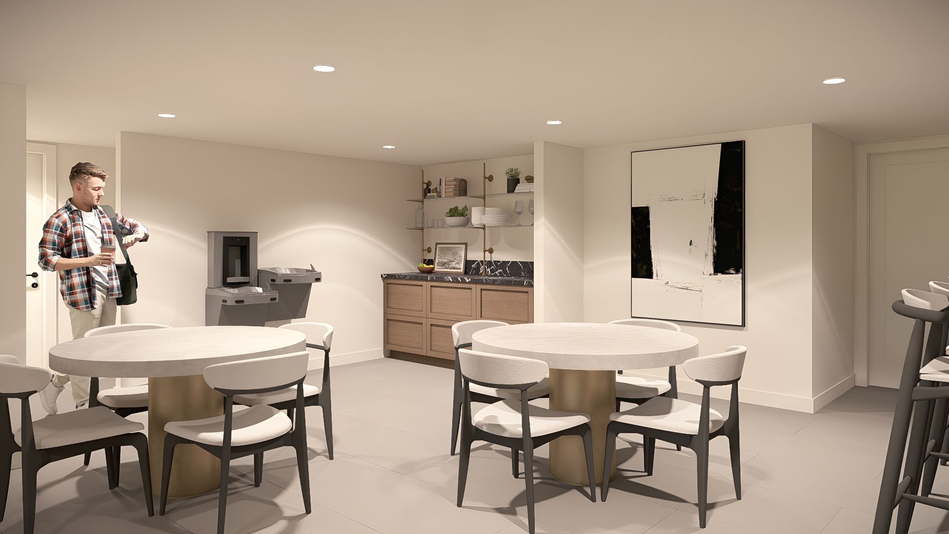 Onsite café designed for socializing, remote work, and casual dining