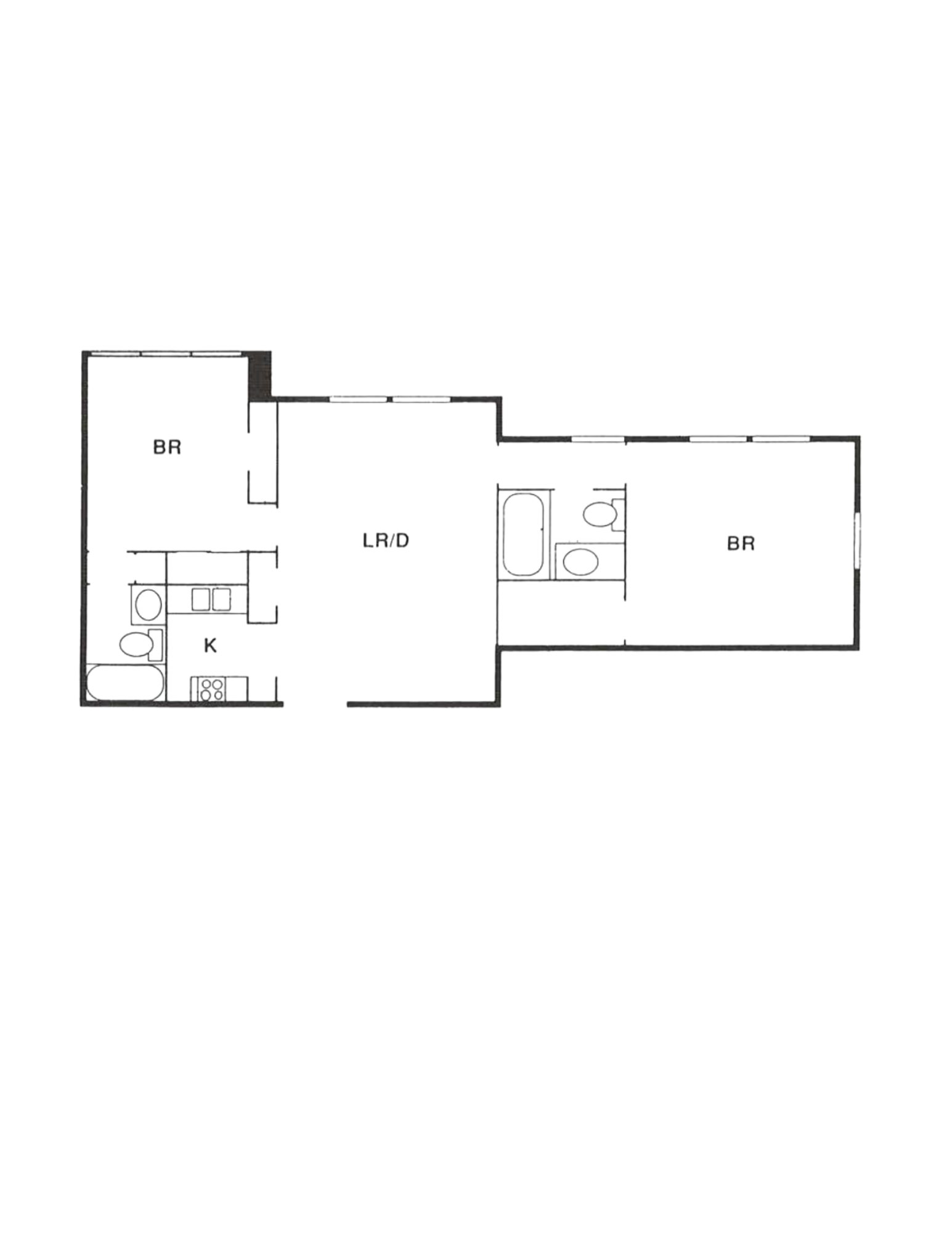 Floor plan of an apartment; includes a bedroom, kitchen, living room/dining room, and bathroom.