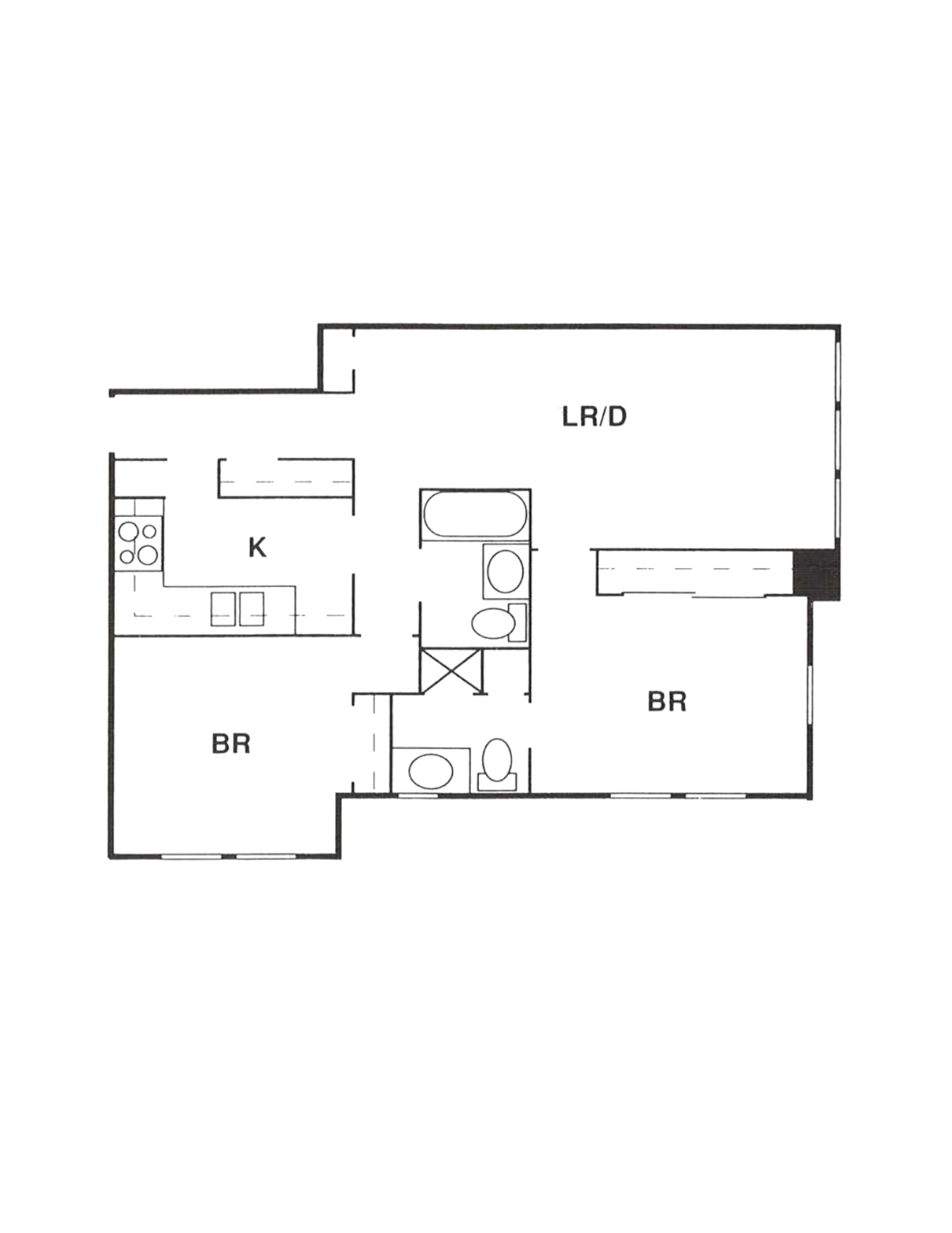 Floor plan of a two-bedroom apartment; includes a kitchen, living/dining area, bathrooms.