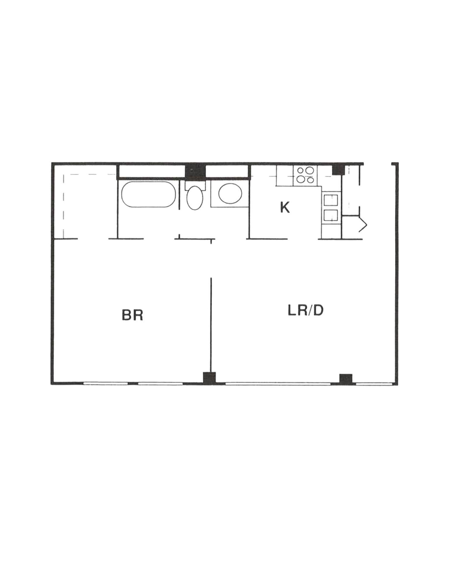 Floor plan of a studio apartment with a bathroom, kitchen, and living area.