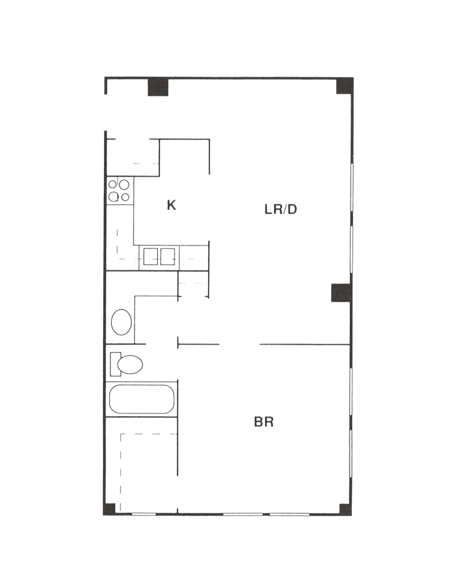 Floor plan of a studio apartment with kitchen, living room, and bathroom.