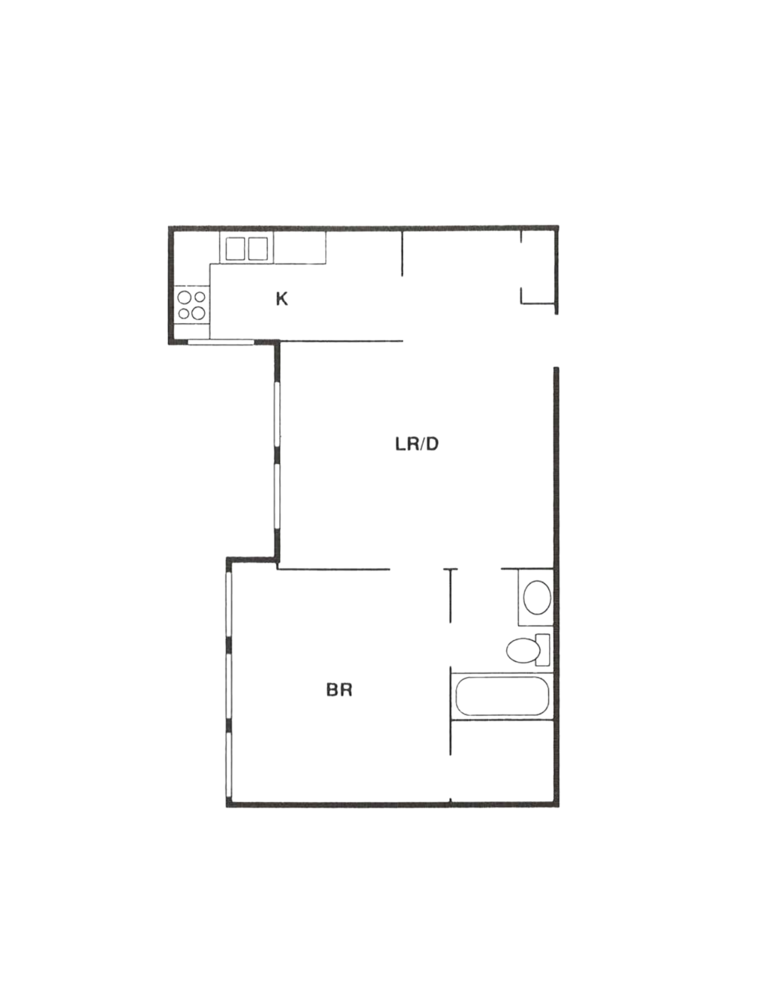 Floor plan of an apartment: kitchen, living area, bedroom, and bathroom layout.