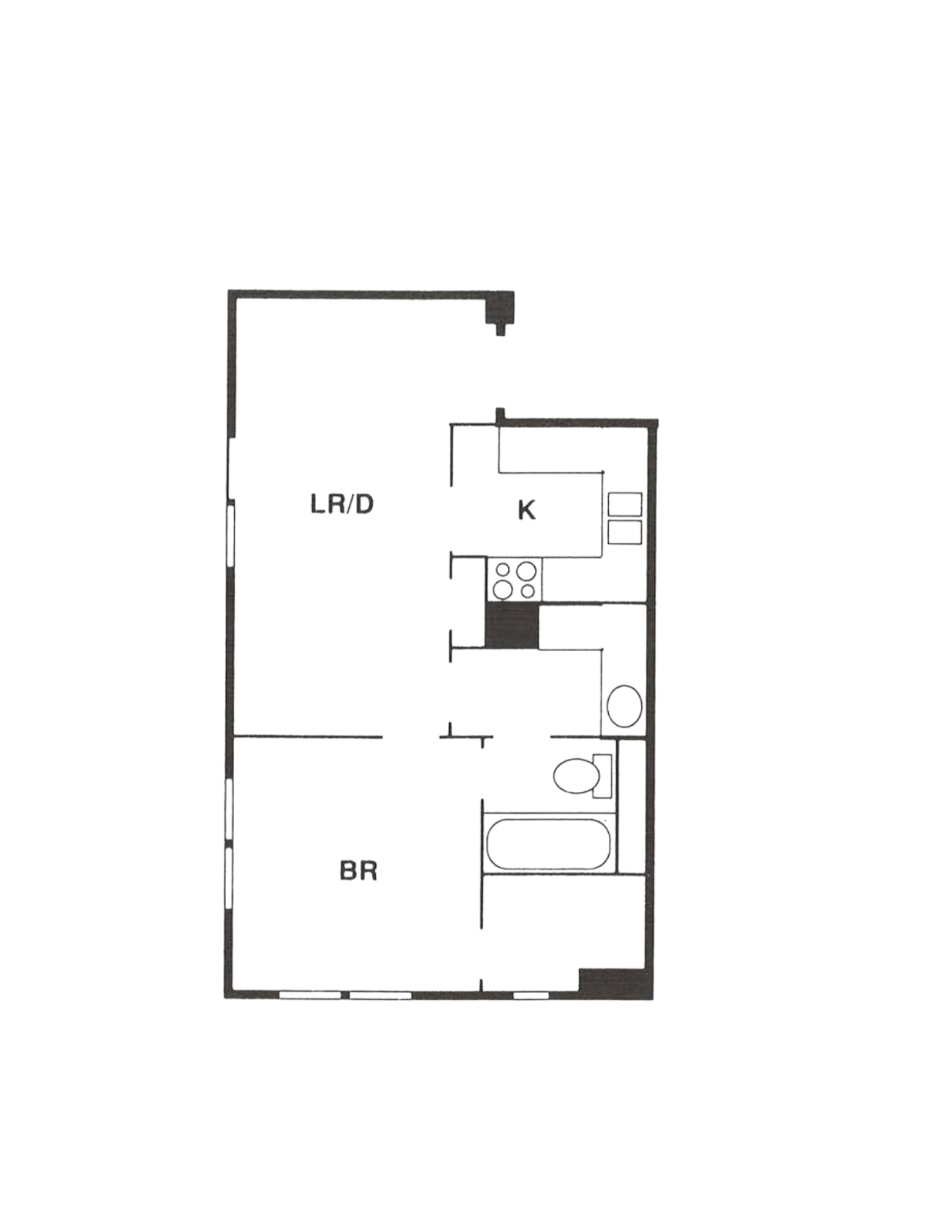 Floor plan of a studio apartment. Includes living/dining area, kitchen, bathroom and closet.