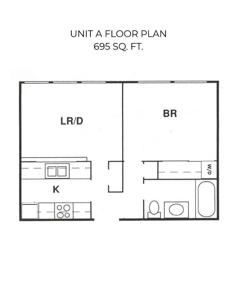 Floor plan of a one-bedroom apartment. Features include a kitchen, living/dining room, bedroom, and bathroom.