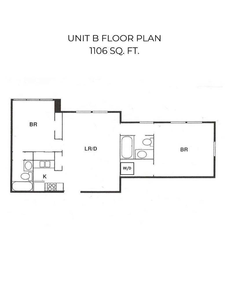 Floor plan of an apartment; includes a bedroom, kitchen, living room/dining room, and bathroom.