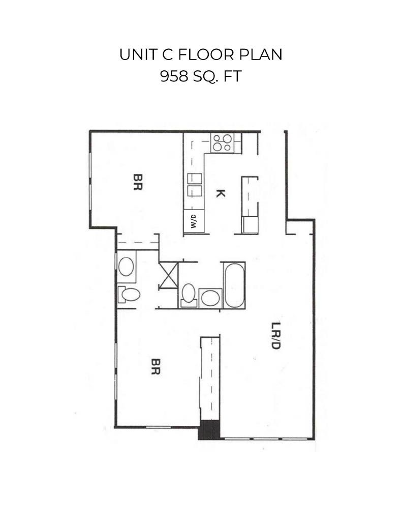 Floor plan of a two-bedroom apartment; includes a kitchen, living/dining area, bathrooms.