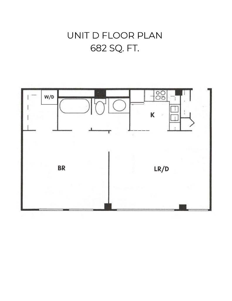 Floor plan of a studio apartment with a bathroom, kitchen, and living area.