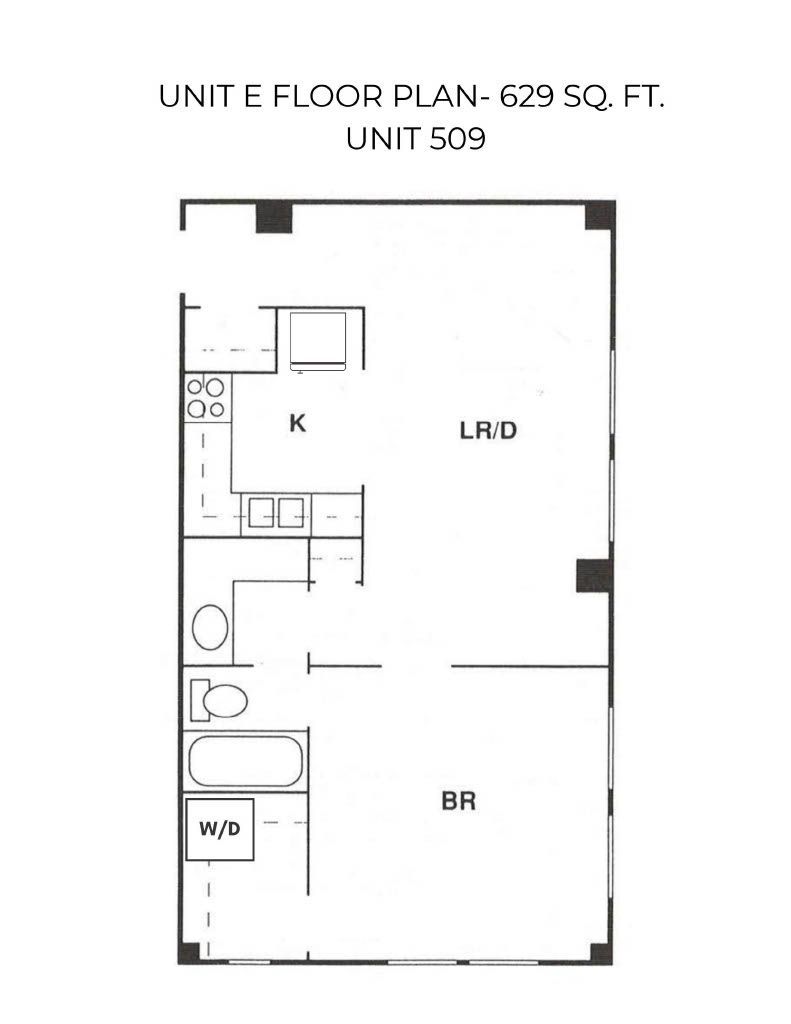Floor plan of a studio apartment with kitchen, living room, and bathroom.