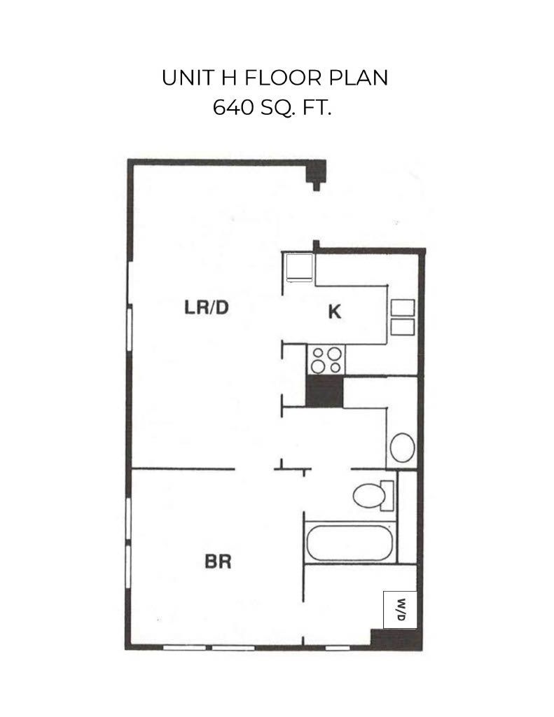 Floor plan of a studio apartment. Includes living/dining area, kitchen, bathroom and closet.