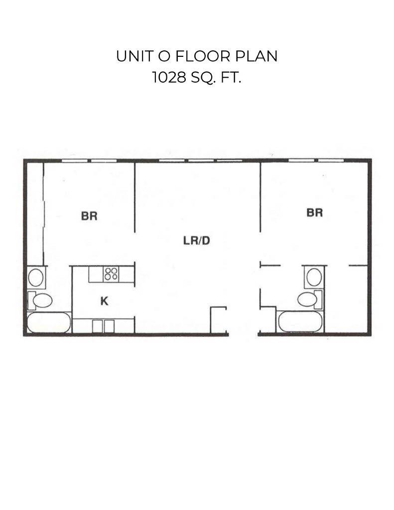 Floor plan with two bedrooms, kitchen, living room and two bathrooms.