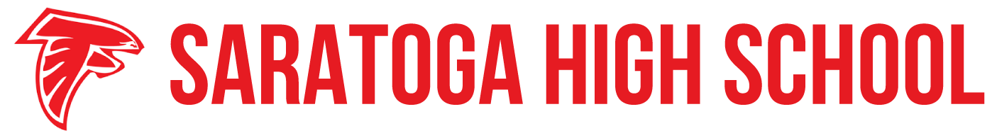 Logo for Saratoga High School with a red falcon and text.