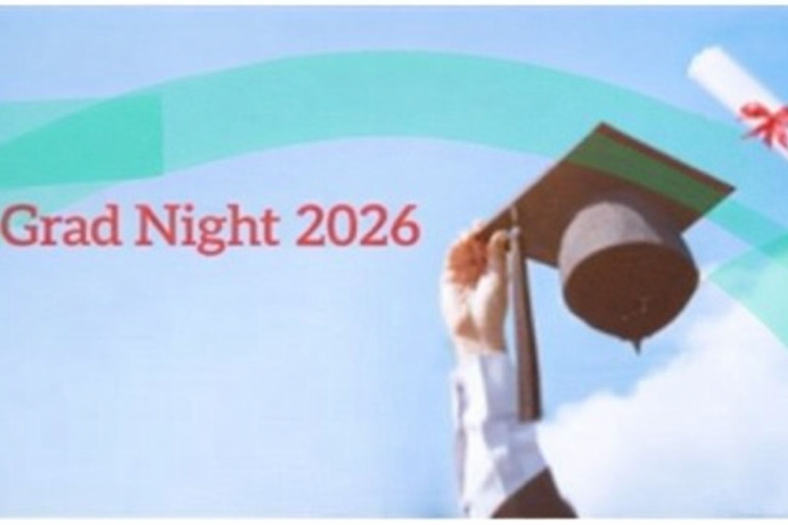 Person holding a graduation cap and diploma against a blue sky, with text