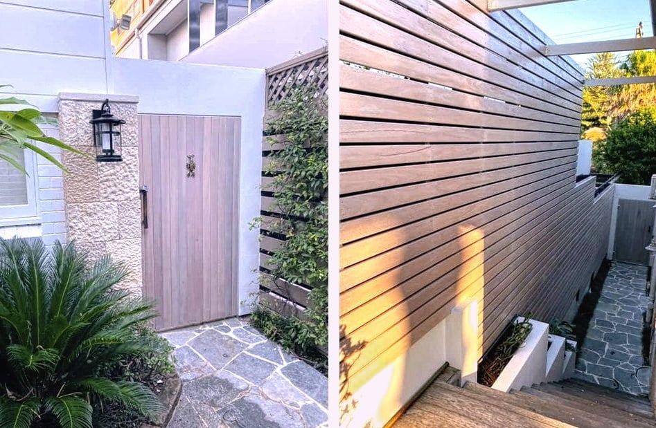 Entrance With Wooden Gate, Stone Walkway, and Wood Slat Wall — S D Maintenance In Avoca, NSW