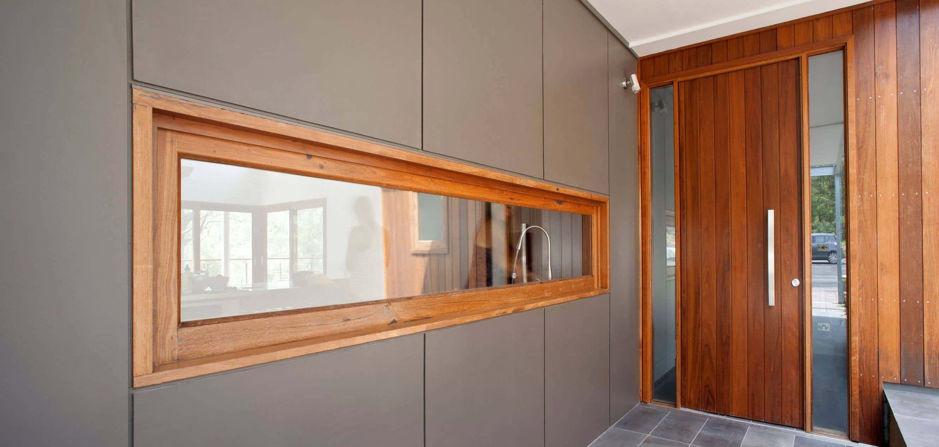 Modern Wooden Door With Glass Panels and a Long, Rectangular Window — S D Maintenance In The Entrance, NSW