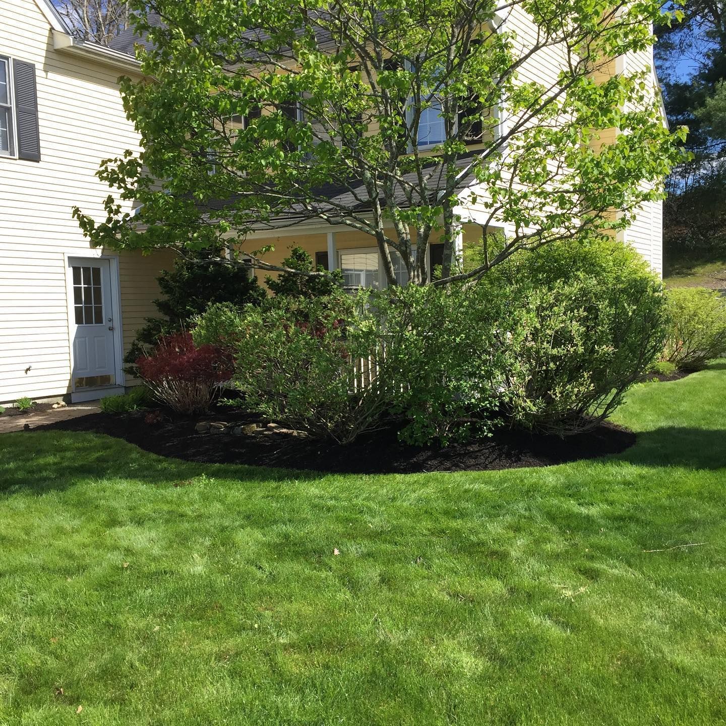 A white house with a lush green lawn in front of it.