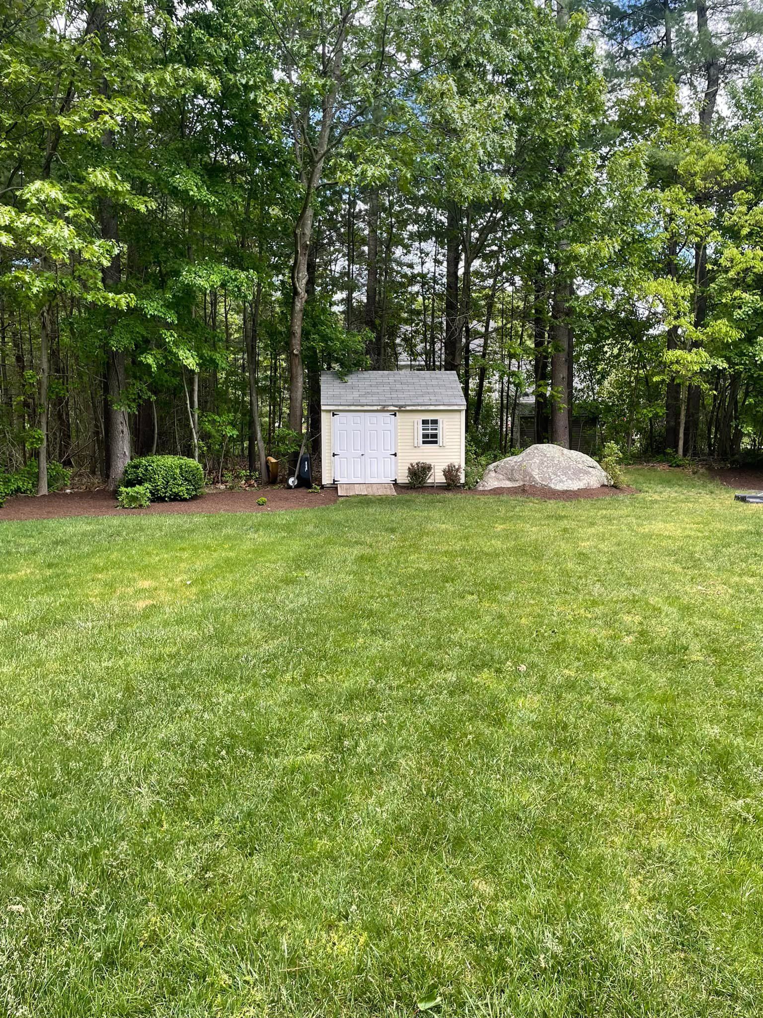 A small white shed is sitting in the middle of a lush green field surrounded by trees.