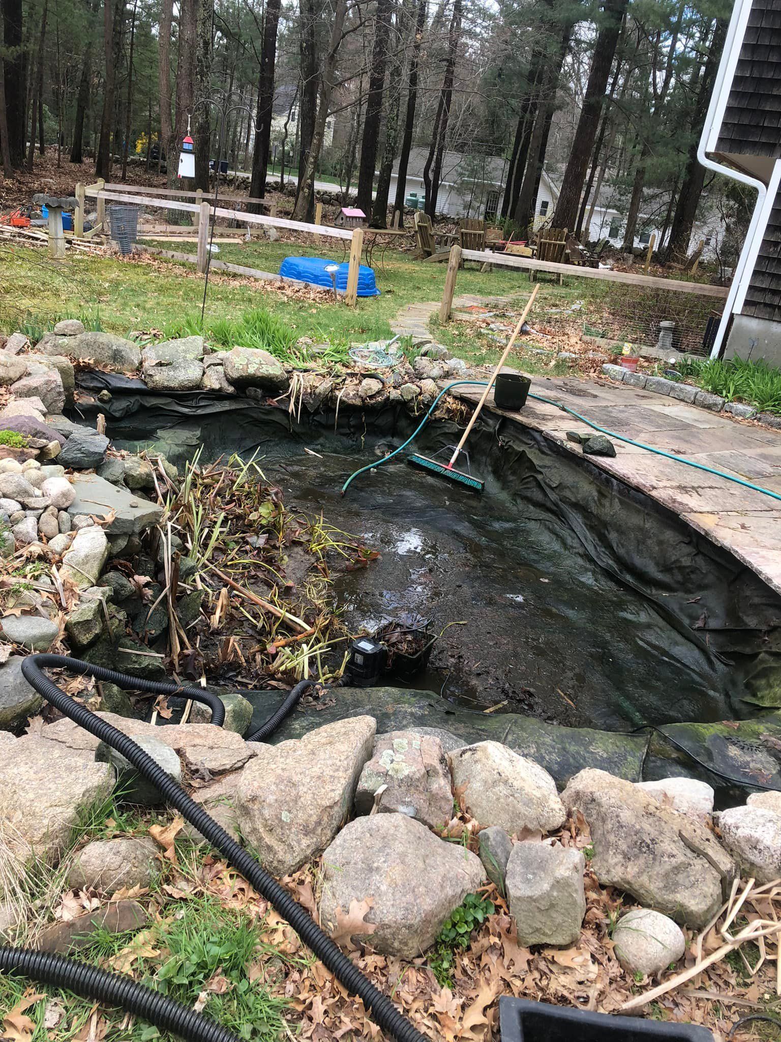 A pond with a hose attached to it in a yard.