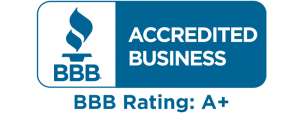 A blue and white sign that says accredited business bbb rating a+