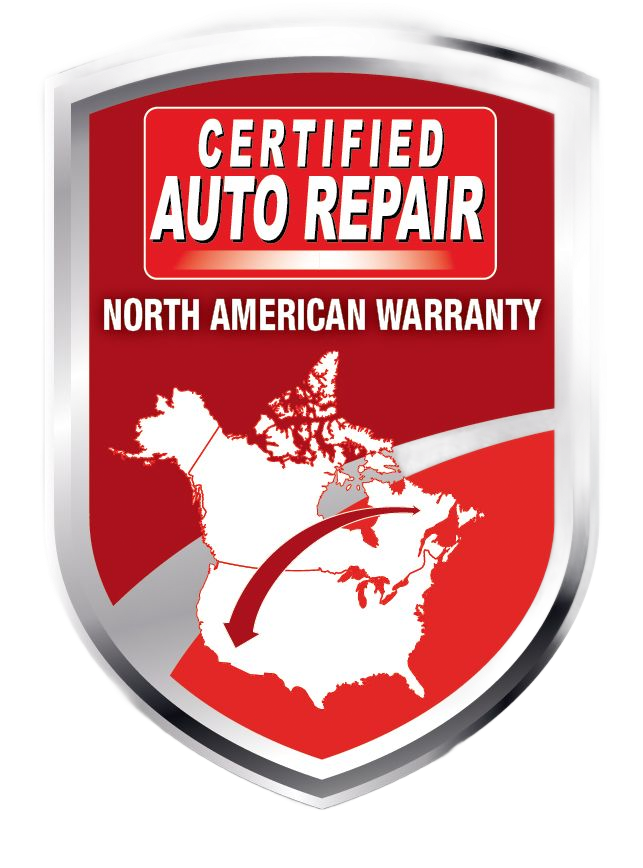 Certified Auto Repair logo with a map of North America and warranty text.