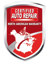 Certified Auto Repair logo with a map of North America and warranty text.