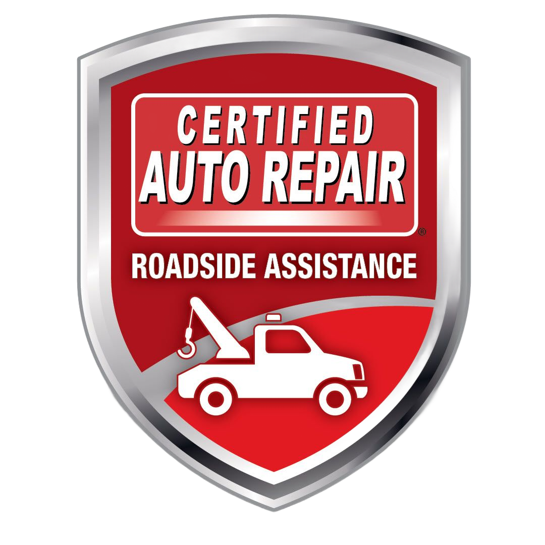 Certified Auto Repair with Roadside Assistance shield logo, red and silver with tow truck graphic.