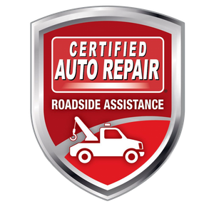 Certified Auto Repair with Roadside Assistance shield logo, red and silver with tow truck graphic.