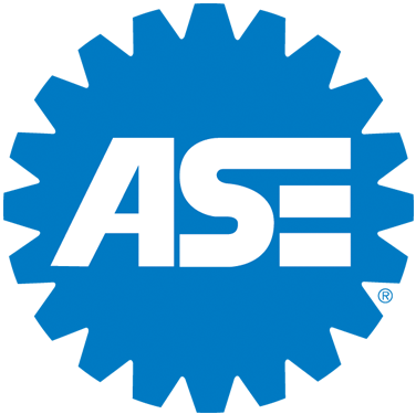ASE logo: white letters on blue gear.