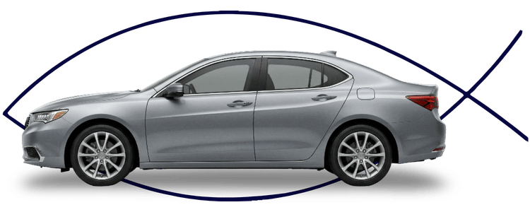 Blue car-shaped keychains displayed on the front desk, with a BMW mug and a Christian fish symbol sign in the background.