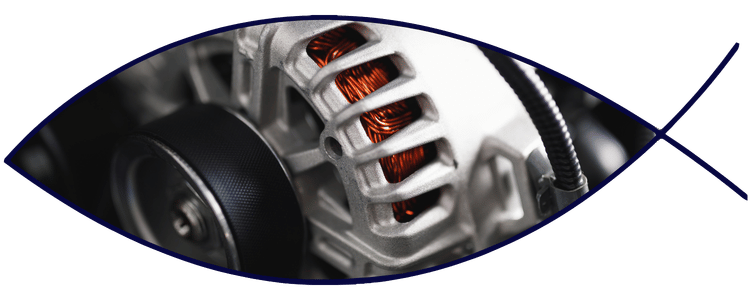 Blue car-shaped keychains displayed on the front desk, with a BMW mug and a Christian fish symbol sign in the background.