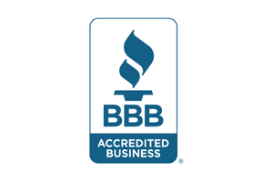 Blue BBB Accredited Business logo featuring a stylized torch icon above the letters BBB.